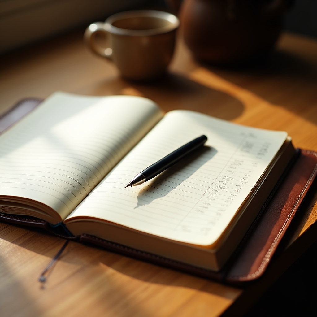 Notizbuch und Stift auf einem aufgeräumten Schreibtisch für Budgetplanung