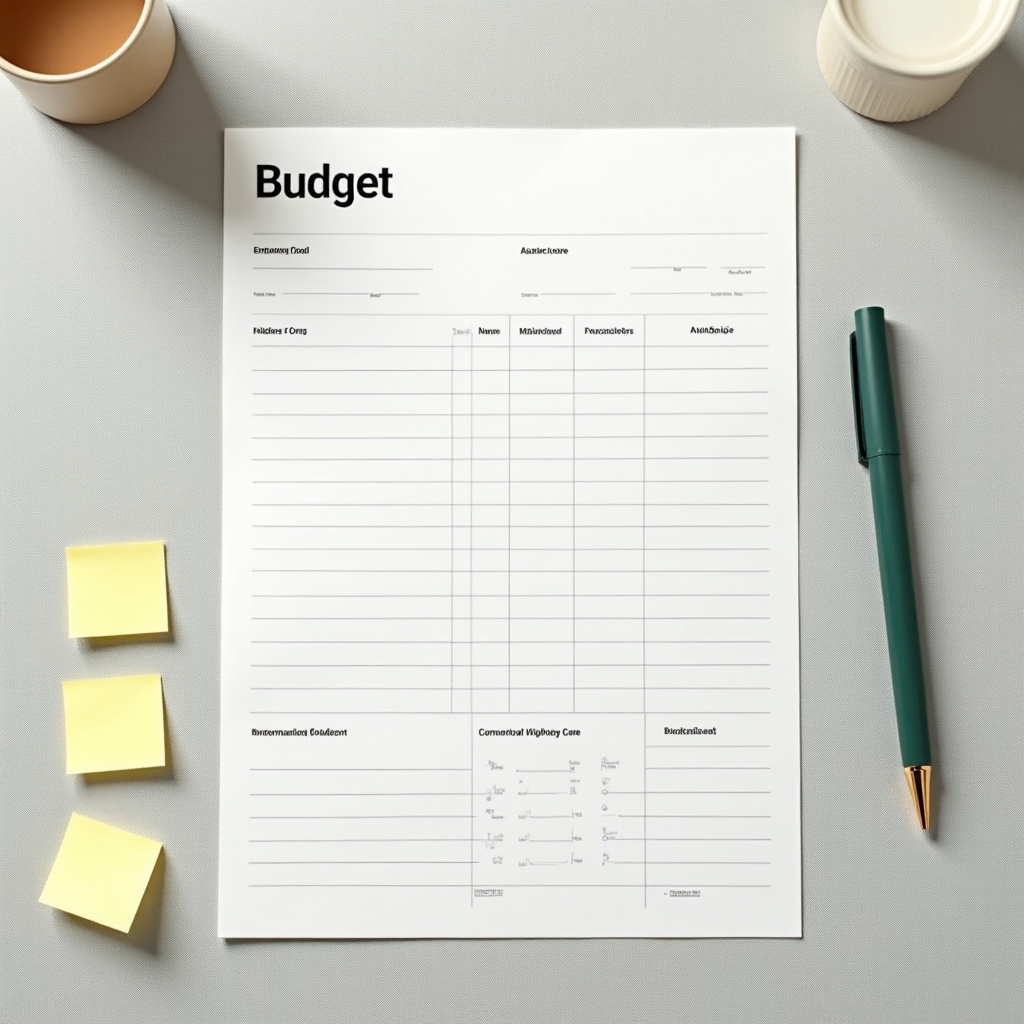 Ausgedruckte Budgetvorlage mit farbigen Markierungen und Stift daneben