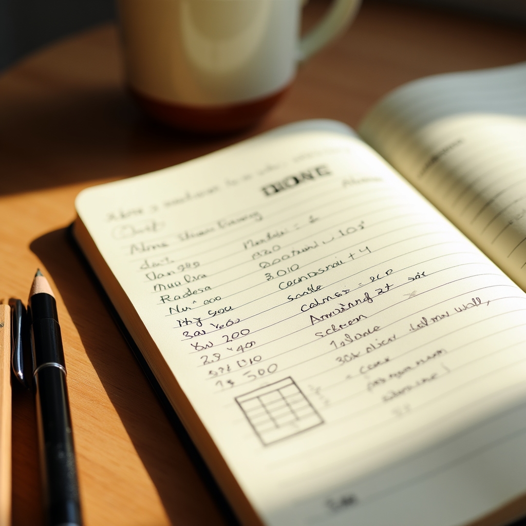 Handgeschriebene Budgetnotizen in einem Notizbuch auf einem Holztisch mit Tasse