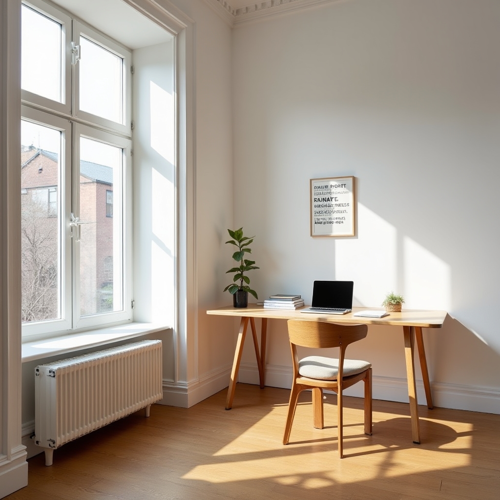 Heller, aufgeräumter Büroraum in Düsseldorf mit Schreibtisch und Bücherregal