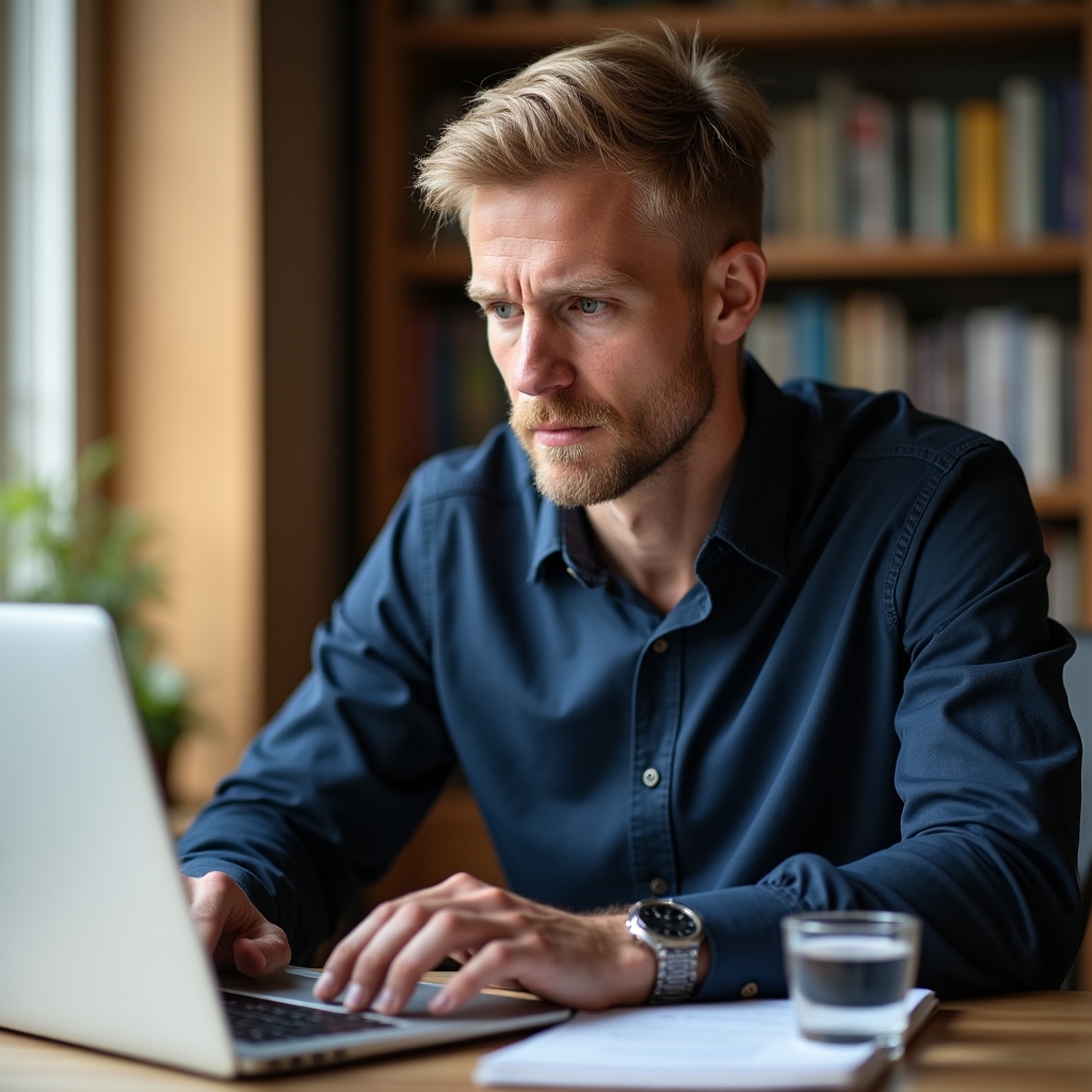 Person meldet sich an einem Laptop für einen Online-Kurs an, aufgeräumter Schreibtisch