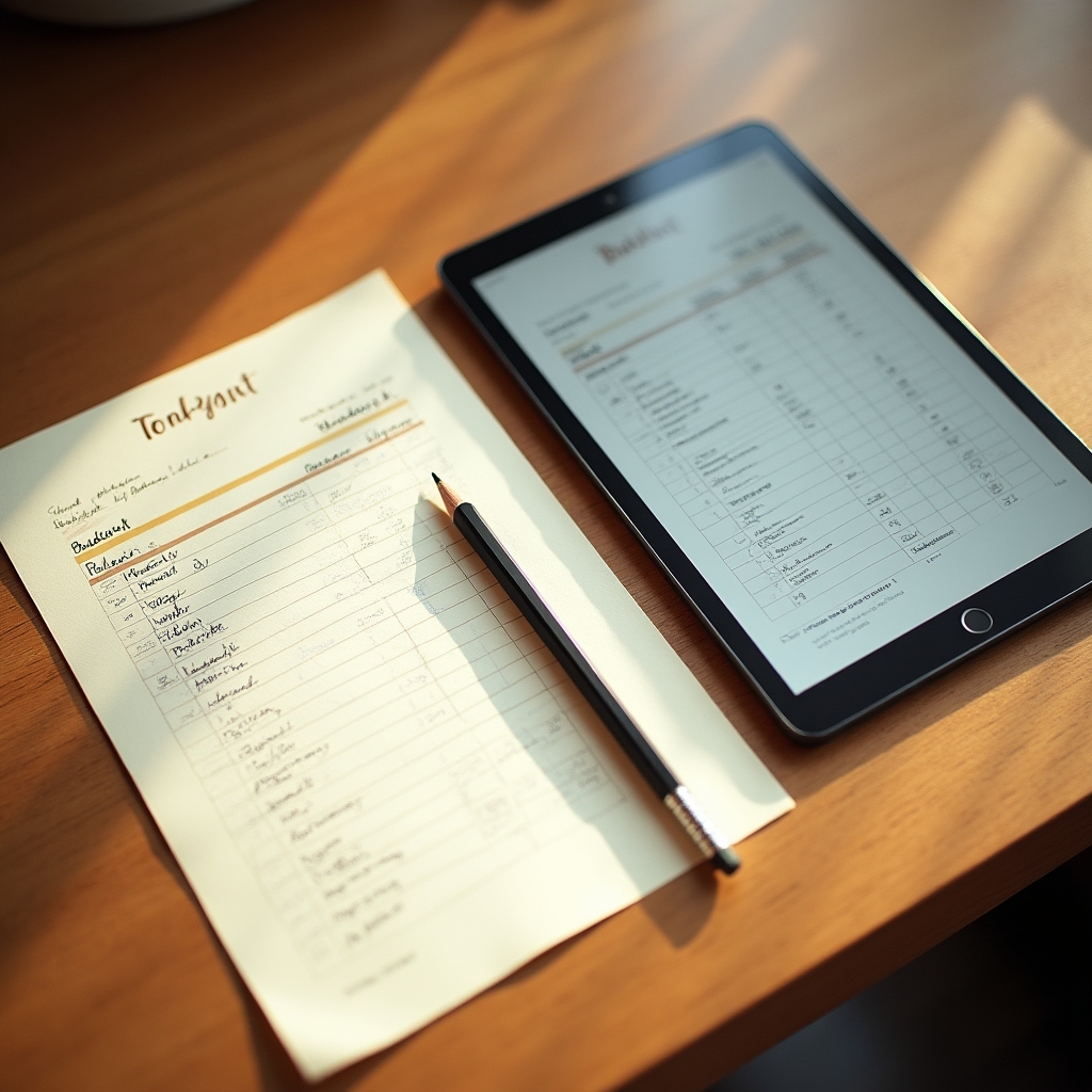 Gedruckte Budgetvorlagen neben einem Tablet auf einem aufgeräumten Schreibtisch